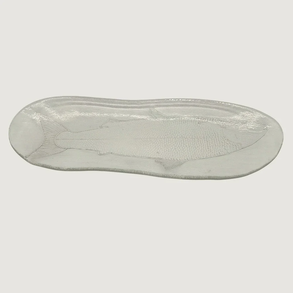 MCM Embossed Salmon Fish Art Glass Serving Platter Tray Large 20